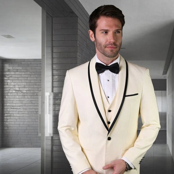 Mens Vested Wool Tuxedo in Shawl Lapel with Satin Trim in Ivory & Black - Picture 1 of 2